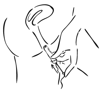 Minimal black line art illustration of a hand holding a small applicator near a curved opening, shown on a plain white background.