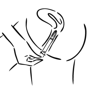 Black and white minimalist line art illustration depicting a hand holding an applicator tampon over a female pelvic area, inserting a tampon.
