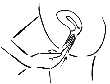 A minimalist black line drawing on a white background showing a hand holding a tampon