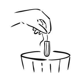 A minimalist black line drawing of a hand holding a tampon above a bin, on a plain white background.