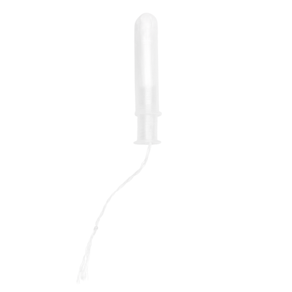 A translucent white applicator tampon with a thin white string, shown against a solid white background.