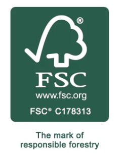 FSC certification logo on a white background, featuring a dark green square with a white tree icon and the text 'FSC', 'www.fsc.