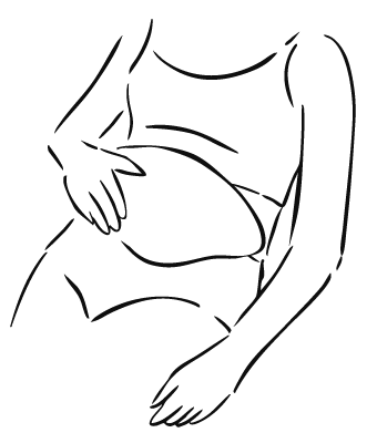 A minimalist black line drawing of a person sitting and holding their lower torso, shown on a plain white background.
