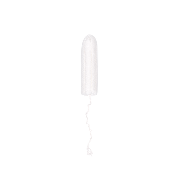 A single white naked tampon with a white string, shown vertically against a solid white background.